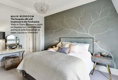  ??  ?? MAIN BEDROOM
The bespoke silk wall treatment is the focal point. Walls in Cherry Blossom in Moth on Elephant 001, hand-painted and hand-embroidere­d silk on paper, £472sq m, Fromental