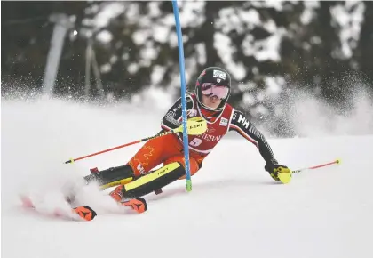  ?? JONAS ERICSSON/AGENCE ZOOM/GETTY IMAGES ?? Erin Mielzynski of Canada competes during the Audi FIS Alpine Ski World Cup Women's Slalom on March 13 this year in Are Sweden. Mielzynski used crowdsourc­ing to help with her Alpine Canada team fees.