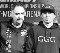  ??  ?? Trainer Abel Sanchez (left) and Gennady Golovkin attend a news conference at MGM Grand Hotel & Casino in Las Vegas, Nevada. Golovkin will defend his titles against Canelo Alvarez at T-Mobile Arena in Las Vegas. — AFP photo