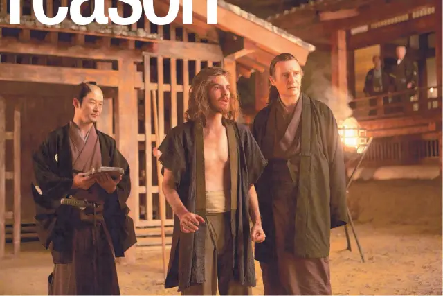  ?? COURTESY OF PARAMOUNT PICTURES/SHARPSWORD FILMS/AI FILMS ?? From left, Tadanobu Asano as Interprete­r, Andrew Garfield as Father Sebastião Rodrigues, and Liam Neeson as Father Ferreira in the film “Silence.”