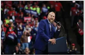  ?? (AP/Evan Vucci) ?? Brad Parscale speaks at a campaign rally in Minneapoli­s in October. Parscale was credited with helping bring about President Donald Trump’s surprise 2016 victory.