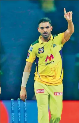  ?? — IPL ?? Chennai Super Kings pacer Deepak Chahar celebrates a Punjab Kings wicket during their IPL game in Mumbai on Friday.