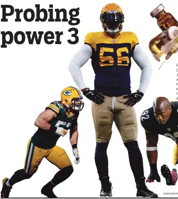  ?? ASSOCIATED PRESS AND THINKSTOCK FILE PHOTOS ?? From left, Green Bay’s Clay Matthews and Julius Peppers, along with Pittsburgh’s James Harrison will be interviewe­d during training camp in July about possible PED use.