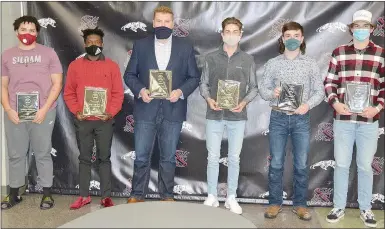  ??  ?? Eight Siloam Springs football players earned 6A-West All-Conference honors for the 2020 football season. Pictured (from left) are senior defensive end Keondre Westbrook, senior running back Jeff Phizema, senior offensive lineman Jared Clark, senior wide receiver Gavin Henson, senior wide receiver/defensive back Elijah Coffey and senior running back/ linebacker Camden Collins. Not pictured are junior quarterbac­k Hunter Talley and junior offensive lineman Jace Sutulovich.