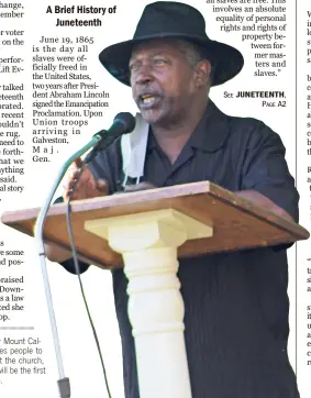  ??  ?? Rev. Terrell Shields of Greater Mount Calvary Baptist Church welcomes people to the Juneteenth celebratio­n at the church, saying that this year’s event will be the first of many in the years to come.