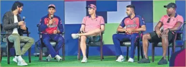  ?? ?? (L-R) Indian cricket presenter Gaurav Kapur with Yashasvi Jaiswal, Shane Bond, R Ashwin and Rovman Powell