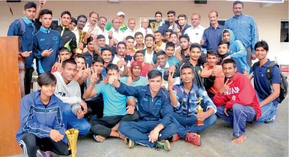  ??  ?? Members of the Hyderabad athletics team are jubilant after winning the overall championsh­ip at the Telangana inter-district junior athletics.