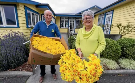  ?? DAVID UNWIN/STUFF ?? Manawatu¯ Cancer Society volunteers Lyall and Amanda Schroder prepare Daffodil Day orders.