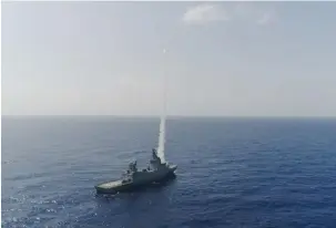  ?? (Defense Ministry) ?? A C-DOME (maritime Iron Dome missile) is fired from the INS ‘Magen’ yesterday.