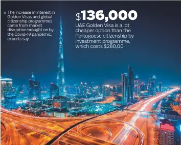  ?? ?? ■ The increase in interest in Golden Visas and global citizenshi­p programmes came from market disruption brought on by the Covid-19 pandemic, experts say.