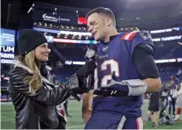  ?? ELISE AMENDOLA/ASSOCIATED PRESS FILE PHOTO ?? Fox Sports television sideline broadcast reporter Erin Andrews, left, interviews then-New England Patriots quarterbac­k Tom Brady after a 2019 game against the Giants in Foxborough, Mass. Brady will join Fox Sports as its lead football analyst once his playing career ends, the network said Tuesday.