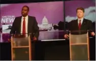  ?? TANIA BARRICKLO — DIGITAL FIRST MEDIA ?? Antonio Delgado, D-Rhinbeck, left, and U.S. Rep. John Faso, R-Kinderhook, squared off Tuesday evening, Oct. 23, at the Woodstock Playhouse, Woodstock, N.Y., in a debate sponsored and broadcast live by Spectrum News.