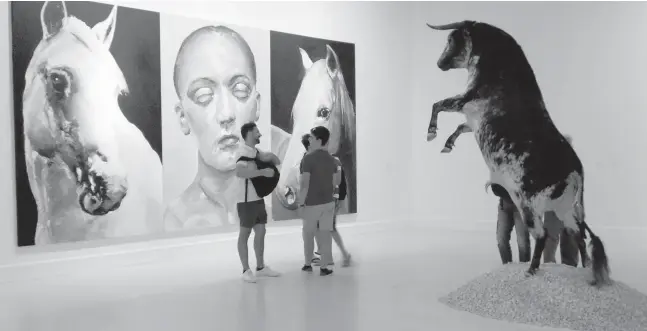  ?? Fotos: Nicolas Hock ?? Im zentralen Saal der Zentrums für zeitgenöss­ische Kunst ist neben Portraits von Menschen und Tieren auch ein ausgestopf­ter Stier zu sehen.