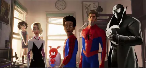  ?? SONY PICTURES ANIMATION VIA AP ?? This image shows characters, from left, Peni, voiced by Kimiko Glen; Spider-gwen, voiced by Hailee Steinfeld; SpiderHam, voiced by John Mulaney; Miles Morales, voiced by Shameik Moore; Peter Parker, voiced by Jake Johnson; and Spider-man Noir, voiced by Nicolas Cage, in a scene from “Spider-man: Into the Spider-verse.”