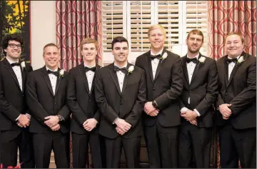 ??  ?? Parker Higgs of Little Rock, cousin of the groom; Marcus Pierce of Conway; Jackson Gammill of Little Rock and James Gammill of Orlando, Fla., brothers of the groom; John Goings of Little Rock; Blake Barnett of Austin, Texas; and Thomas Causino of...