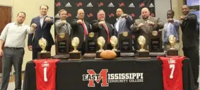  ?? (Submitted photo) ?? The East Mississipp­i Community College football staff proudly displays their national championsh­ip rings on Saturday night.