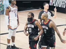  ?? FOTO: AP ?? Gesto de euforia de Harden tras colocar el tapón que sentenció la serie