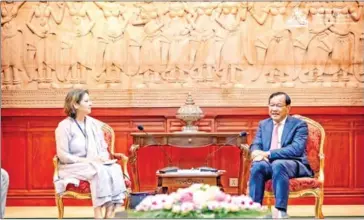  ?? MFAIC ?? Foreign minister Prak Sokhonn (right) meets with Jyotsana Varma, newly appointed Asian Developmen­t Bank (ADB) Country Director for Cambodia, on September 13.
