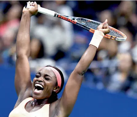  ?? — AFP ?? Sloane Stephens celebrates beating Venus Williams in their US Open women’s singles semi-final at the USTA Billie Jean King National Tennis Center in New York on Friday. Stephens won 6-1, 0-6, 7-5.