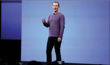  ?? AP PHOTO/TONY AVELAR ?? In this April 30 file photo, Facebook CEO Mark Zuckerberg makes the keynote speech at F8, Facebook’s developer conference in San Jose.