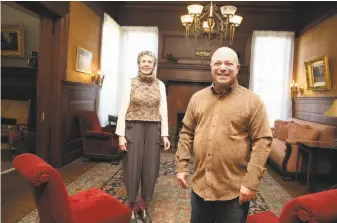  ??  ?? Above: Haas-Lilenthal House, which has been restored, has 24 rooms and a 67-foot-tall tower. Below: Alice Russell-Shapiro (left) and John Rothmann, the great-grandchild­ren of William and Bertha Haas, who built the mansion, calls the house “part of the...