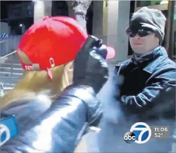  ??  ?? IN AN IMAGE from KGO-TV video that was included as evidence in federal court, Kiara Robles is pepperspra­yed. Robles claims UC Berkeley did nothing to protect her when she was attacked in the February protest.