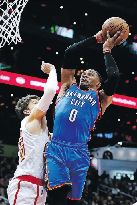  ?? — THE ASSOCIATED PRESS/FILES ?? Oklahoma City Thunder guard Russell Westbrook has his team atop the Northwest Division standings after Kevin Durant bolted for Golden State, posting six straight triple-doubles.