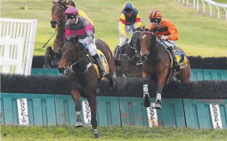  ??  ?? Gold Medals (pink cap, Clayton Douglas) clears the Tozer Road double during the Grand Annual. Picture: MICHAEL KLEIN