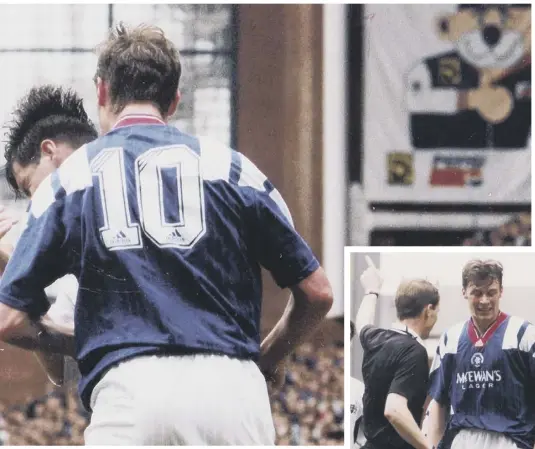  ??  ?? 2 Rangers No 10 Duncan Ferguson clashes with Raith Rovers defender Jock Mcstay at Ibrox on 16 April 1994, 25 years ago today. Referee Kenny Clark then chats to Ferguson after the incident, which left Mcstay floored and with a cut to his lip, but the referee didn’t see the headbutt and later said he was looking in the other direction. Ferguson wasn’t even shown a yellow card at the time but it ultimately led to the big striker spending 44 days in Barlinnie prison.