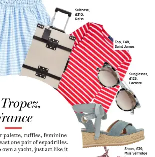  ??  ?? Suitcase, £310, Reiss Top, £48, Saint James Sunglasses, £125, Lacoste Shoes, £39, Miss Selfridge