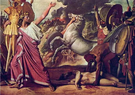  ?? ?? Trionfo Romolo, uccisore di Acrone, porta le sue spoglie al tempio di Giove, un dipinto del pittore francese JeanAugust­eDominique Ingres (17801867). Si racconta che Romolo, fondatore di Roma, affrontò in duello e uccise il capo dei Ceninensi, Acrone, e ne offrì al dio Giove la corazza e le armi