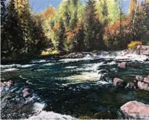  ??  ?? Vermillion Rapids, oil on canvas, 41 x 51 cm (16 x 20") Only minutes away from where I live is an old river formed years ago from glacier melts. This river system eventually makes its way into the Great Lakes. I captured this moment while walking the shoreline of the river. A moment not to be missed with a mixture of warm and cold colours.