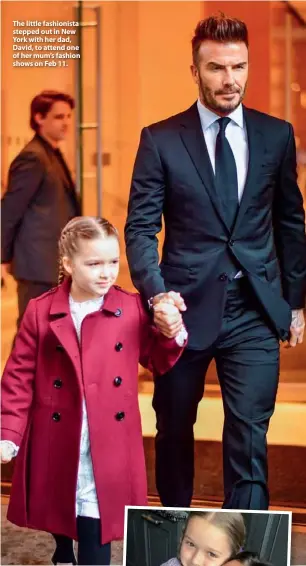  ??  ?? The little fashionist­a stepped out in New York with her dad, David, to attend one of her mum’s fashion shows on Feb 11.