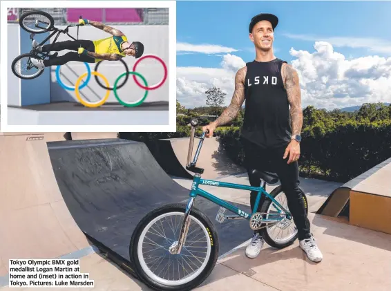  ?? ?? Tokyo Olympic BMX gold medallist Logan Martin at home and (inset) in action in Tokyo. Pictures: Luke Marsden