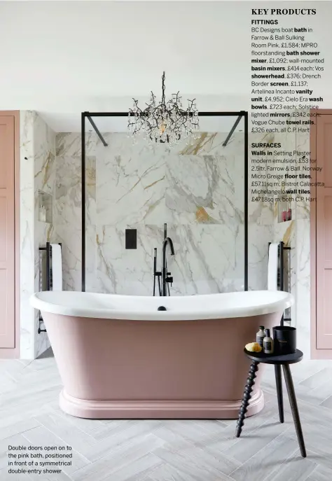  ??  ?? Double doors open on to the pink bath, positioned in front of a symmetrica­l double-entry shower
KEY PRODUCTS