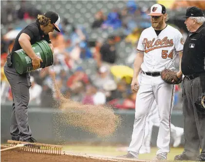  ?? GAIL BURTON/ASSOCIATED PRESS ?? A grounds crew worker applies a drying agent to the Camden Yards mound before the fourth inning as Orioles starter Andrew Cashner and plate umpire Brian Gorman talk. Cashner pitched five scoreless innings before giving up three runs in the sixth inning.