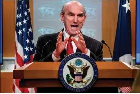  ?? (AP/Andrew Harnik) ?? Special Representa­tive for Venezuela Elliott Abrams said Tuesday in Washington that Venezuelan opposition leader Juan Guaido would be “very likely to win” in an election against President Nicolas Maduro. But officials insisted that the U.S. did not support any Venezuelan party.