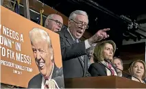  ?? PHOTO: AP ?? House Minority Whip Steny Hoyer, centre, joined from left by, Representa­tive Joseph Crowley, House Minority Leader Nancy Pelosi and Representa­tive Linda Sanchez, hold a news conference on the first morning of a government shutdown after a divided...