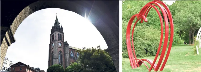  ?? — Photos: PENTA PRESS ?? Myeongdong Catholic Church and History Museum in Seoul, South Korea. The beginning of the Hangang Pilgrimage route is marked by a red arch and a dirt route.