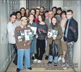  ??  ?? Harris Tweed Hebrides chairman Brian Wilson and creative director Mark Hogarth meet the final year students in Vienna.