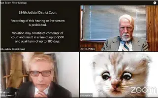  ?? Associated Press ?? This image from video shows a hearing from the 394th Judicial District Court of Texas. The hearing took a detour when an attorney showed up looking like a kitten.