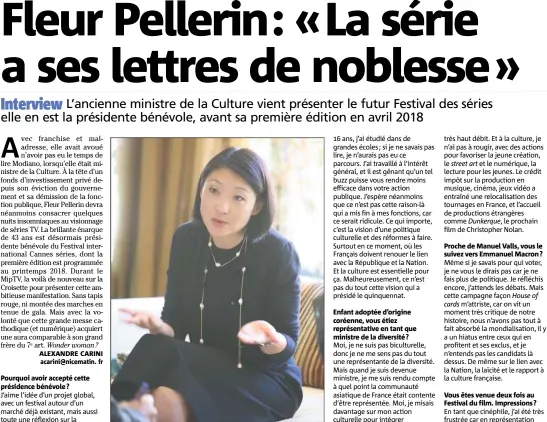  ?? (Photo Frantz Chavaroche) ?? Fleur Pellerin était venue à Cannes en tant que ministre de la Culture. Elle y revient comme présidente du Festival des séries.