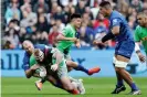  ?? Photograph: Henry Browne/ Getty Images ?? Joe Marler, with his hand wrapped, is tackled by Schalk Burger of Saracens in March 2019.