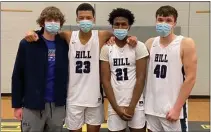  ?? COURTESY HILL SCHOOL ATHLETICS ?? Hill School seniors, from left, Evin Timochenko, Trey Hicks, Gabe Dorsey and Rap Buivydas capped their season with three wins over the weekend at Millbrook School in New York.