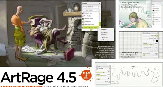  ??  ?? Resources such as Stencils and Presets
can be duplicated and moved between groups (image shown
by Nick Harris). Collect layers, presets, colour samples and stencils in the Toolbox. The thickness of grid lines self-adjusts as the size changes. Tilt...