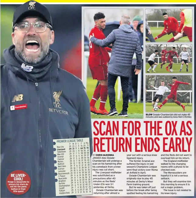  ??  ?? BE LIVERCOOL! Klopp is desperate to ensure his stars do not hit the panic button in their title quest Oxlade-Chamberlai­n did not make 45 minutes and was subbed by boss Neil Critchley