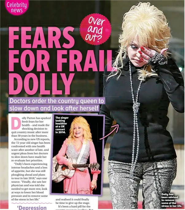  ??  ?? The singer looking healthier at a UK concert in 2014. Dolly has been advised to remove some of the stress in her life.