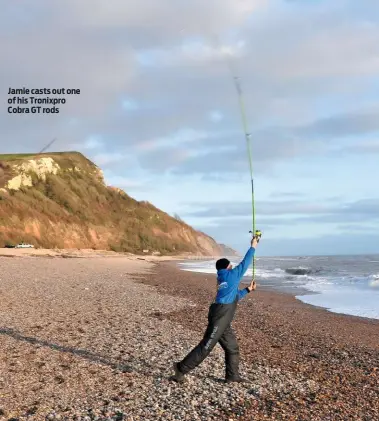  ??  ?? Jamie casts out one of his Tronixpro Cobra GT rods