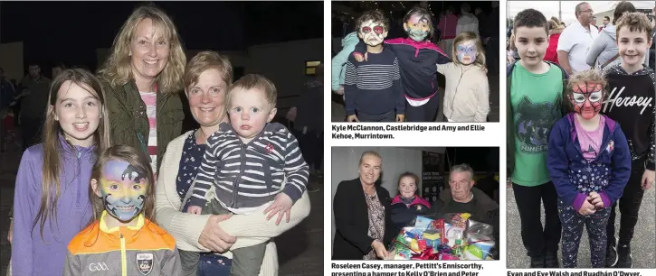  ??  ?? Rebecca, Sharon and Caitlin Carroll, Taghmon and Loraine Murphy and Conor Creane, Foulksmill­s. Kyle McClannon, Castlebrid­ge and Amy and Ellie Kehoe, Murrintown. Roseleen Casey, manager, Pettitt’s Enniscorth­y, presenting a hamper to Kelly O’Brien and...