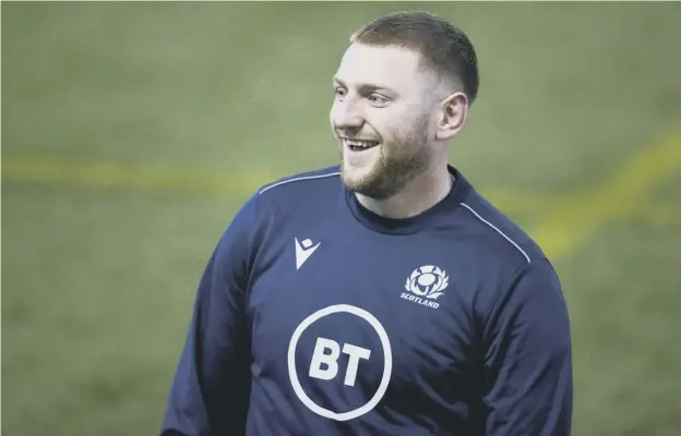  ??  ?? 0 Finn Russell was all smiles during a Scotland training session at the Oriam this week as the Six Nations squad prepare for the trip to Twickenham